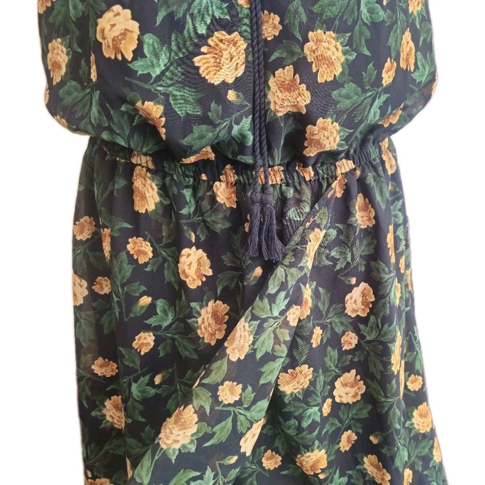 Blush Black Yellow Green Floral Tie Neck Midi High Low Sundress floral Coquette - Picture 4 of 7